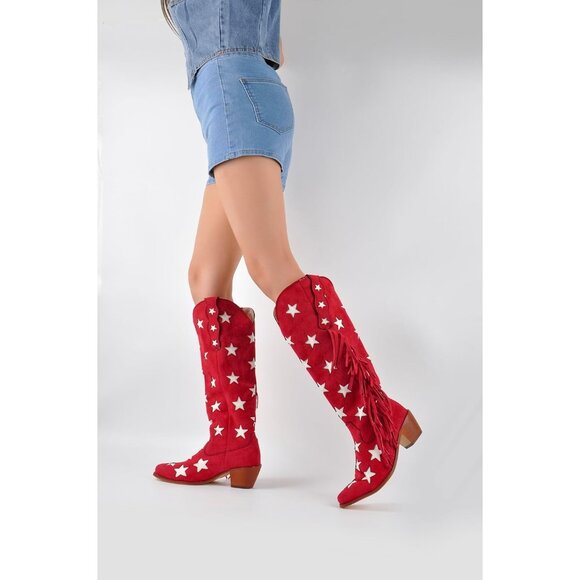 Women's Red Cowgirl Faux Suede Stars Block Heels Under the Knee High Boot - Picture 2 of 7